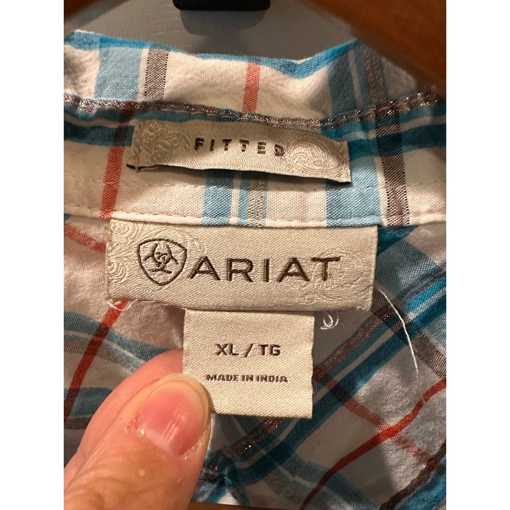 Ariat Womens XL Fitted Western Snap Plaid Shirt Blue Orange Metallic Shimmer